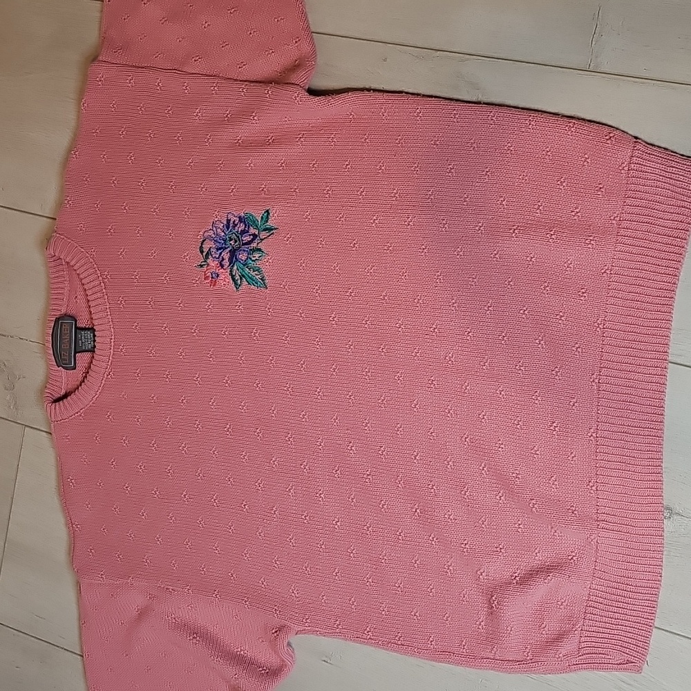 Vintage Liz Baker Pink Knit Short Sleeve Sweater Floral Embroidery Grandmacore - Picture 4 of 7